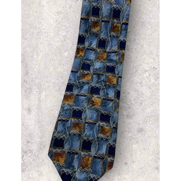 AQUASCUTUM Silk Tie CANADA Navy Blue Brown Geometric Art W:3.7" EUC - Picture 5 of 5